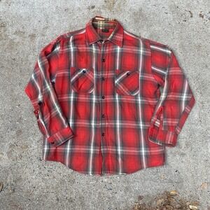 Vintage 60s Cotton Plaid Flannel Shirt M/L Distressed ELY Farm Worn Red Shadow